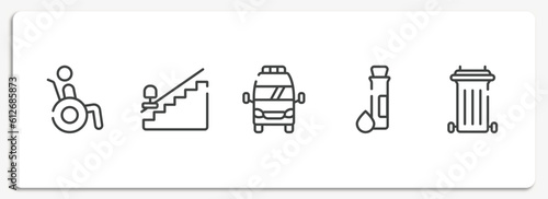 health outline icons set. thin line icons sheet included wheelchair accesibility, null, frontal ambulance, test tube and drop, recycle bin container vector.