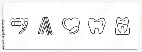 dental care outline icons set. thin line icons sheet included veneer, mechanical ladder, medicine for heart, teeth black shape, premolar vector.