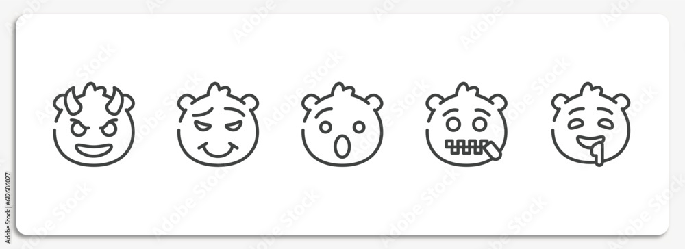 emoji outline icons set. thin line icons sheet included smiling with horns emoji, proud emoji, hushed -mouth drool vector. emoji outline icons set. thin line icons sheet included smiling with horns emoji, proud emoji, hushed -mouth drool vector.