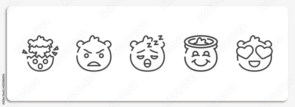 emoji outline icons set. thin line icons sheet included exploding head emoji, angry emoji, sleeping smiling with halo in love vector.
