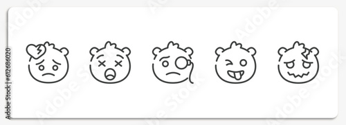 emoji outline icons set. thin line icons sheet included broken heart emoji, frowning with open mouth emoji, monocle crazy headache vector.