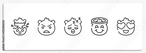 emoji outline icons set. thin line icons sheet included exploding head emoji, angry emoji, sleeping smiling with halo in love vector.
