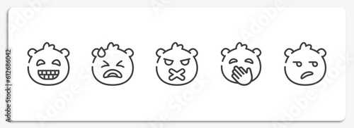 emoji outline icons set. thin line icons sheet included grinning emoji, desperate emoji, silent hand over mouth disappointed vector.