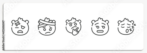 emoji outline icons set. thin line icons sheet included injured emoji, emoji with head-bandage curious dissapointment sleep vector.