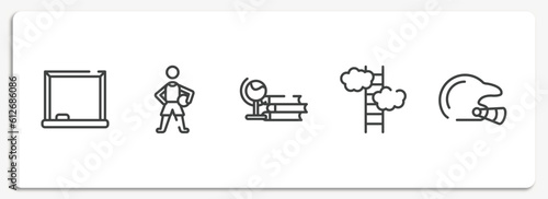 college outline icons set. thin line icons sheet included drawing board, basketball player, studies, ascend, baseball helmet vector.