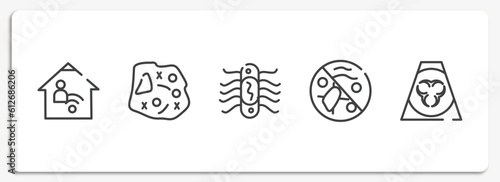 outline icons set. thin line icons sheet included telework, microorganism, e coli, antibacterial, contaminated vector.