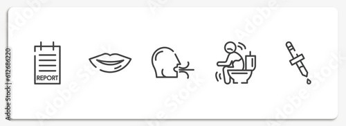 outline icons set. thin line icons sheet included report, lips, breath, diarrhea, pipette vector.