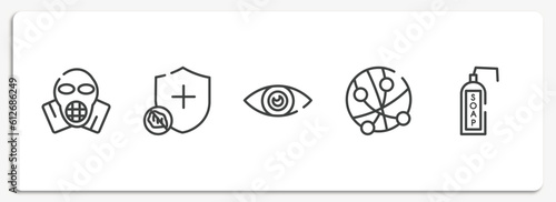 outline icons set. thin line icons sheet included respirator mask, immune, eye, , liquid soap
