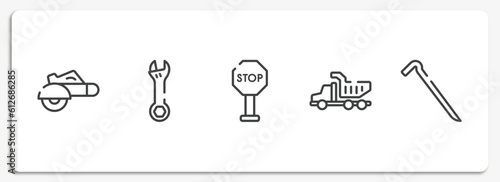 tools outline icons set. thin line icons sheet included electric saw, adjustable wrench, stopping, tipper truck, crowbar vector.