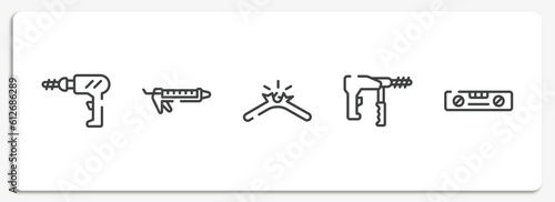 home repair fill outline icons set. thin line icons sheet included perforator, sealant, broken cable, big driller, balance ruler vector.