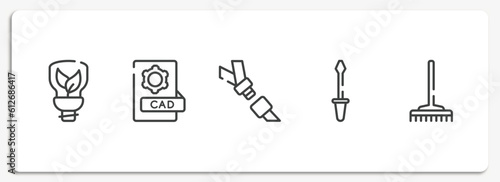 toolbox outline icons set. thin line icons sheet included ecologic light bulb, cad, seatbelt, garage screwdriver, gardening rake vector.