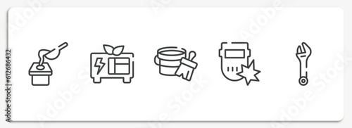 construction tool outline icons set. thin line icons sheet included crucible, green power, varnish, weld, spanner vector.