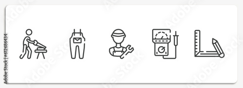 carpentry outline icons set. thin line icons sheet included carpenter, jumpsuit, plumber, electric meter, drawing tool vector.