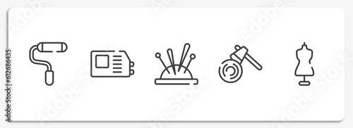 fashion design outline icons set. thin line icons sheet included painted, welding hine, needle holder, woodcutter, tailor vector.