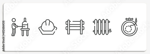 fashion design outline icons set. thin line icons sheet included glassblowing, head protection, barricade, radiator, embroidery vector.