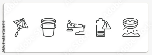 mining and crafting outline icons set. thin line icons sheet included japanese umbrella, water bucket, polisher, empty battery, panning vector.