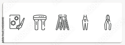 construction outline icons set. thin line icons sheet included decoupage  water filter  stepladder  overalls  crimping pliers vector.
