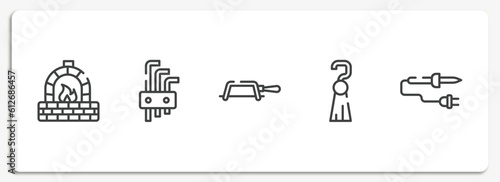 electrician tools outline icons set. thin line icons sheet included kiln, allen keys, fretsaw, tassel, soldering iron vector.