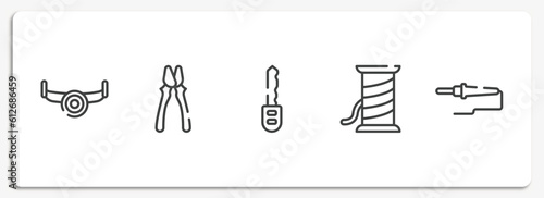 construction and tools outline icons set. thin line icons sheet included sawmill, clamps, car key, copper wire, soldering vector.