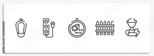 electrician tools outline icons set. thin line icons sheet included urinal, extension cord, cross stitch, fences, electrician vector.