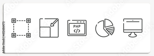 responsive web outline icons set. thin line icons sheet included selection square, resize page, php code, pie charts, pc equipment vector.