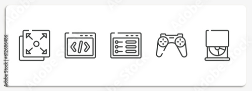 computer and hardware outline icons set. thin line icons sheet included full screen, css code, ui de, wireles gamepad, cd drive vector.