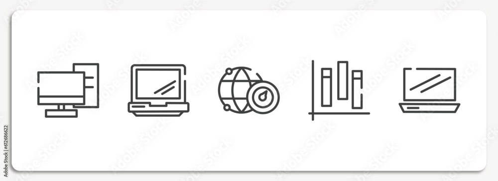 modern screen outline icons set. thin line icons sheet included server from client, laptop opened tool, internet connection speed, chart of columns, laptop frontal opened view vector. modern screen outline icons set. thin line icons sheet included server from client, laptop opened tool, internet connection speed, chart of columns, laptop frontal opened view vector.