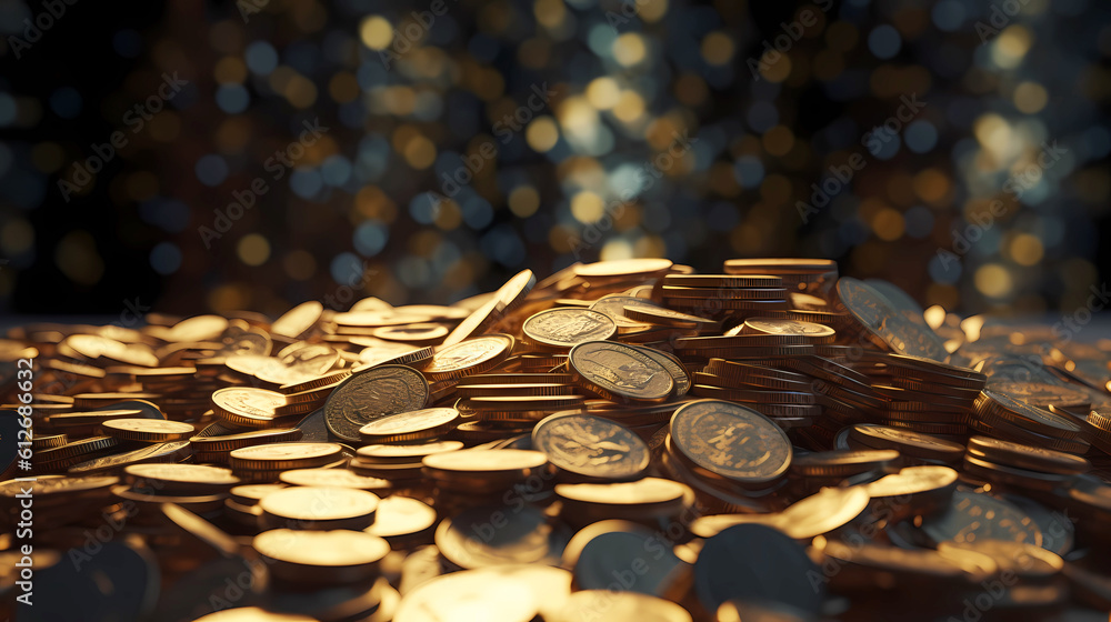 A pile of gold coins shimmers in the rays of light. A pile of gold coins shimmers in the rays of light.