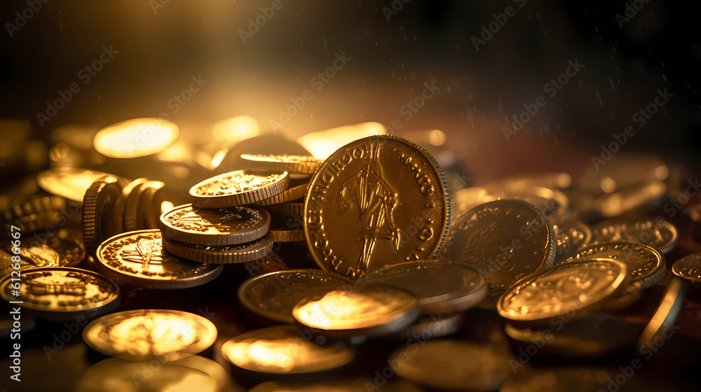 A pile of gold coins shimmers in the rays of light. A pile of gold coins shimmers in the rays of light.