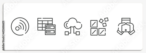computer and media outline icons set. thin line icons sheet included rss updates subscription, data spreadsheet, hosting download, registry, null vector.