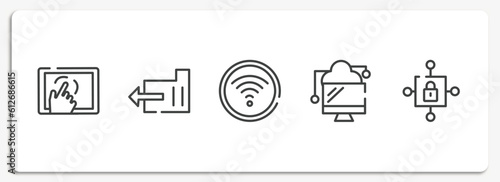 cloud computing outline icons set. thin line icons sheet included cellphone in a hand, export folder, wifi connection to internet, data transference by internet, locked internet security padlock