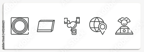 computer workers outline icons set. thin line icons sheet included button touch, tablet screen in perspective, synchronized devices, placeholder on a globe, computer worker vector.