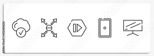 computer and media outline icons set. thin line icons sheet included connected clouds, responsive, forward media step, grip, flatscreen tv vector.