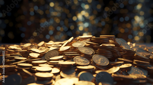 A pile of gold coins shimmers in the rays of light. photo