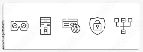 web design outline icons set. thin line icons sheet included virtual reality, computer case, infected, theft, sitemap vector.