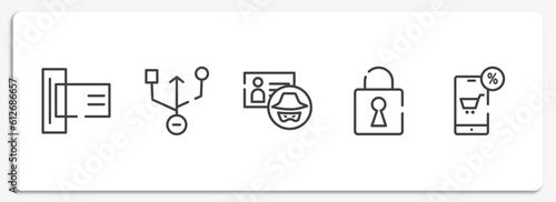 digital services outline icons set. thin line icons sheet included card reader, universal serial usb connector, identity theft, security breach, mobile shop vector.