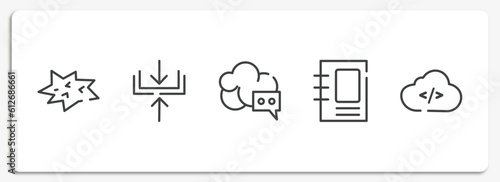 cloud technology outline icons set. thin line icons sheet included comic, compression, cloud messaging, binding, cloud coding vector.