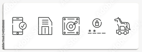 cyber robbery outline icons set. thin line icons sheet included successful connection, floppy, harddisk, passwords, trojan horse vector.