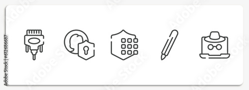 web and hacker outline icons set. thin line icons sheet included dvi, user protection, passkey, digital pen, fraud vector.