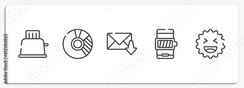social media outline icons set. thin line icons sheet included toaster, donut chart, receiving email, battery with full charge, laughing vector.
