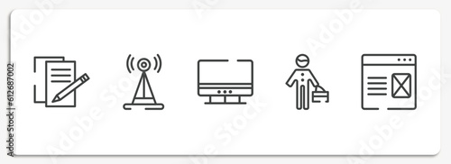 contact us outline icons set. thin line icons sheet included , radio antenna, computer monitor, stick man, landing page vector.