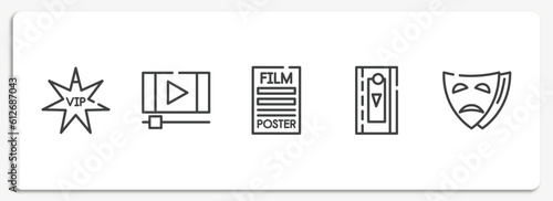 cinema outline icons set. thin line icons sheet included vip person, footage, film poster, video clip, tragedy vector.