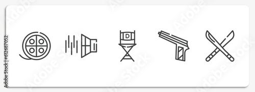 cinema outline icons set. thin line icons sheet included movie reel, sound effect, film director, hitman, hete vector.