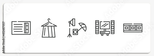 cinema outline icons set. thin line icons sheet included prompt box, dressing room, studio, home cinema, filmstrip vector.