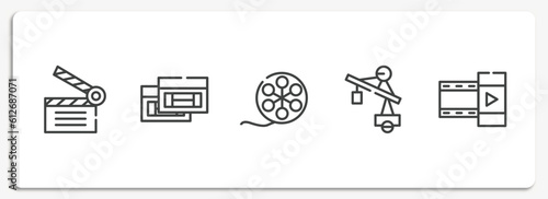 cinema outline icons set. thin line icons sheet included movie clapper, null, film roll side view, null, film strip black vector.