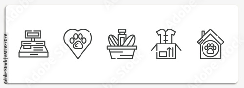 charity outline icons set. thin line icons sheet included cash box, animal rights, charity food, clothes donation, animal shelter vector.