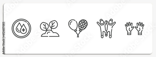 charity outline icons set. thin line icons sheet included clean water, reforestation, ballons, happy kids, voluntary service vector.