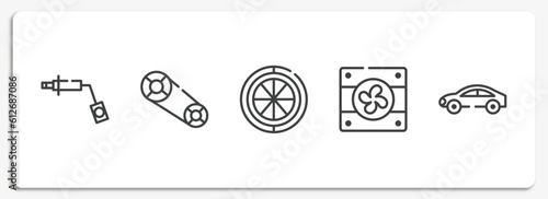car parts outline icons set. thin line icons sheet included car wheel brace, car camshaft, spare wheel, fan, hard top vector.