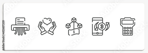 blockchain outline icons set. thin line icons sheet included ingots, anonymous, flow diagram, puncher, hdd vector.