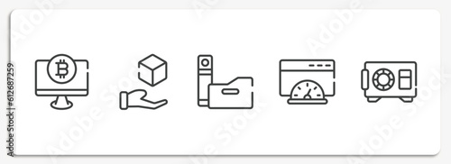 cryptocurrency outline icons set. thin line icons sheet included auctioneer, payment method, pin code, possibility, cryptographic vector.
